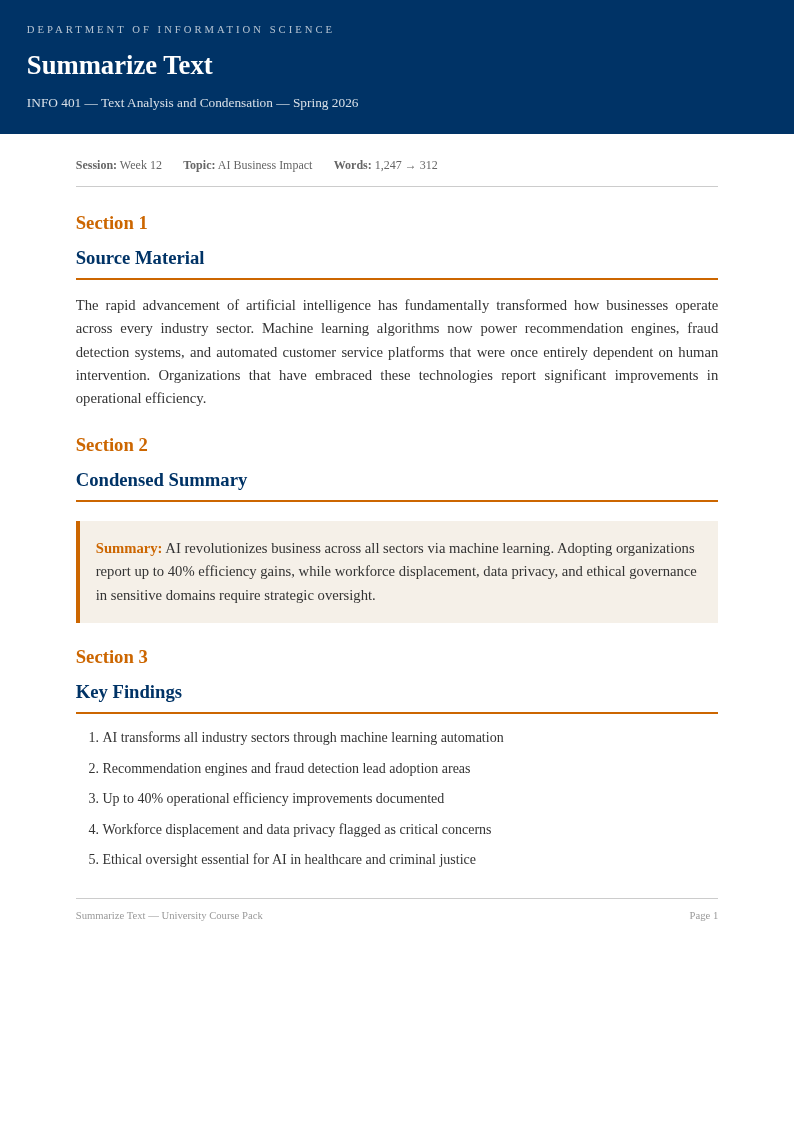 University course summarize text